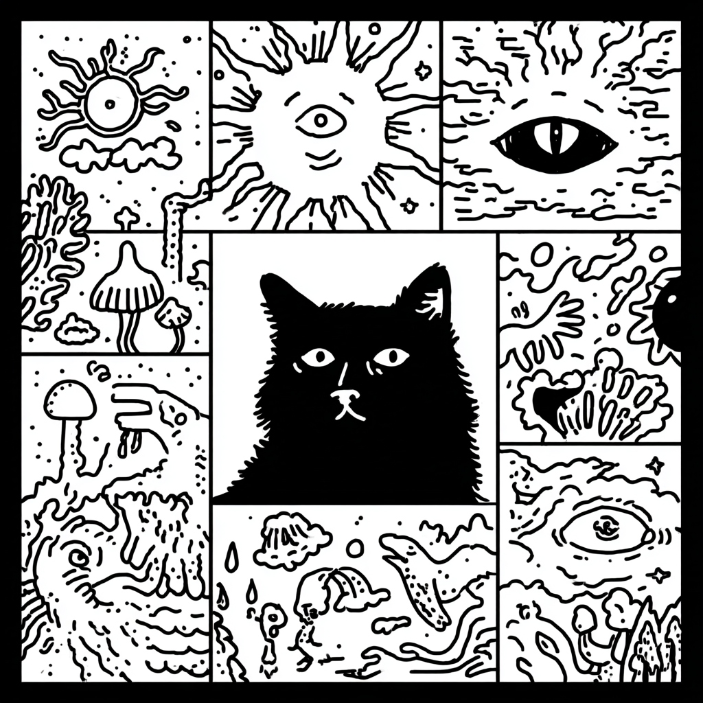 A psychedelic illustration grid featuring a cat and surreal elements