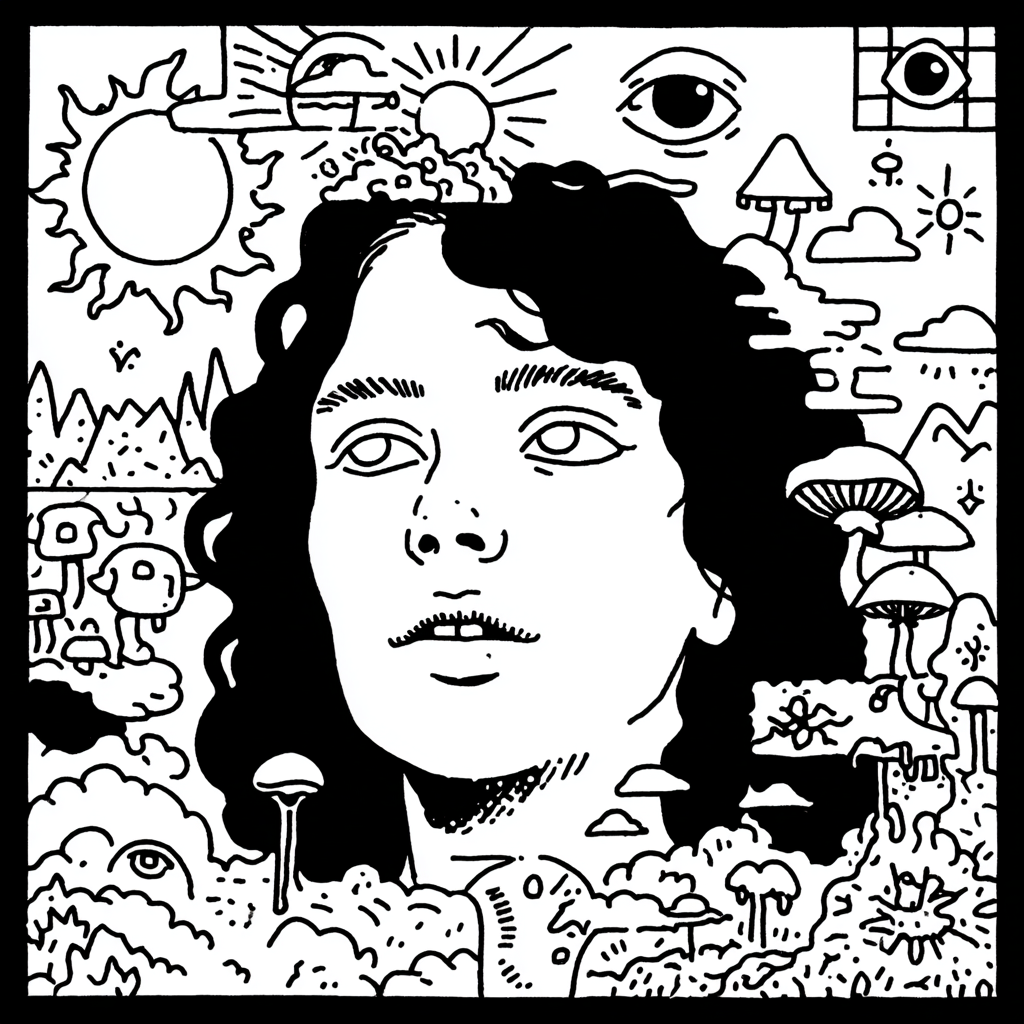 A psychedelic portrait of a person with mystical nature elements