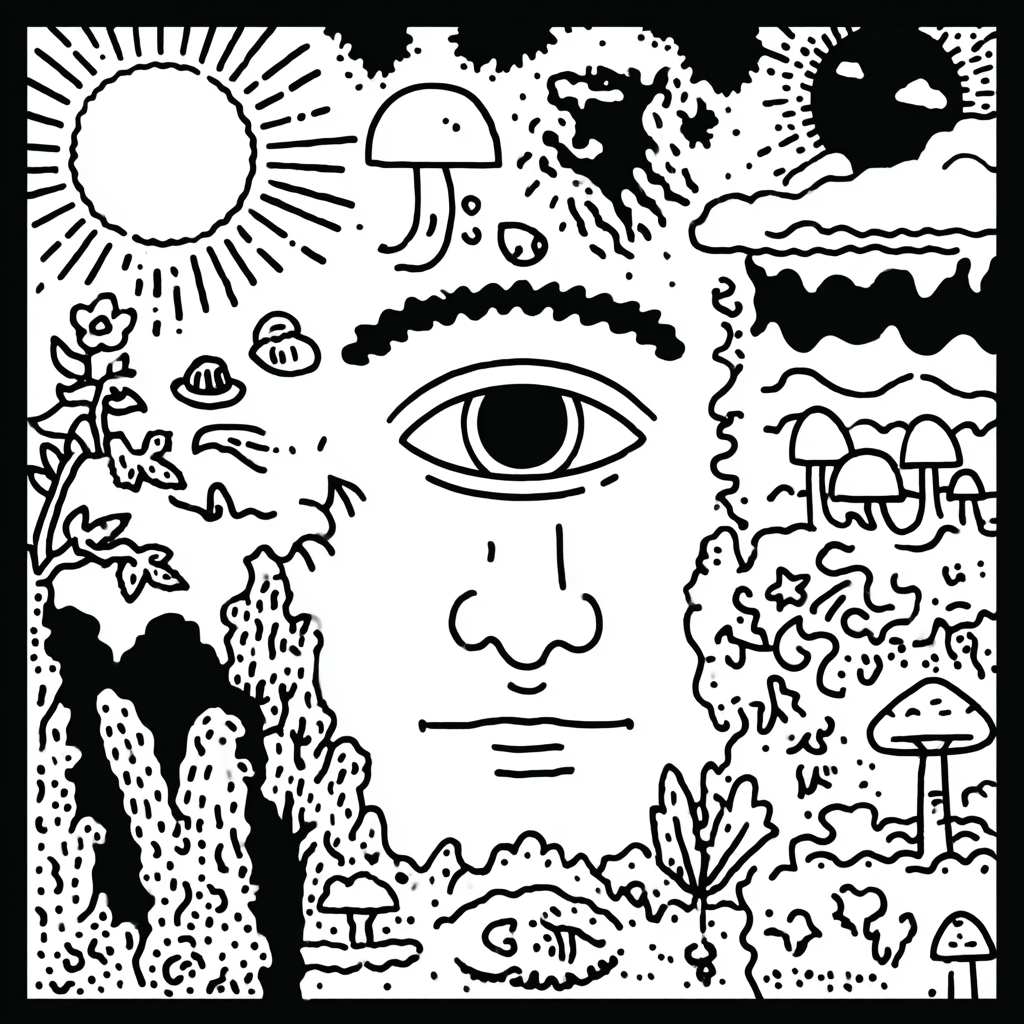 A surreal, psychedelic landscape with a central cosmic face