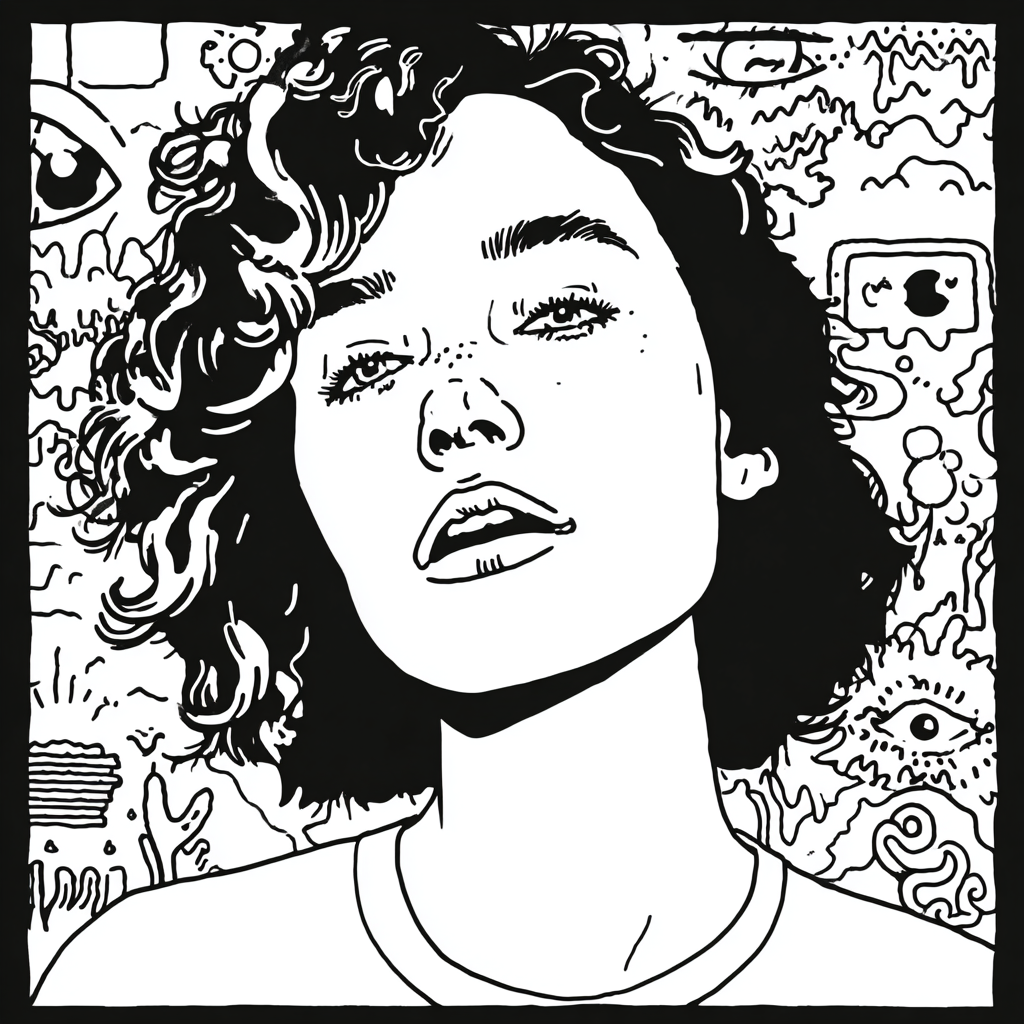 a psychedelic line art portrait of a woman