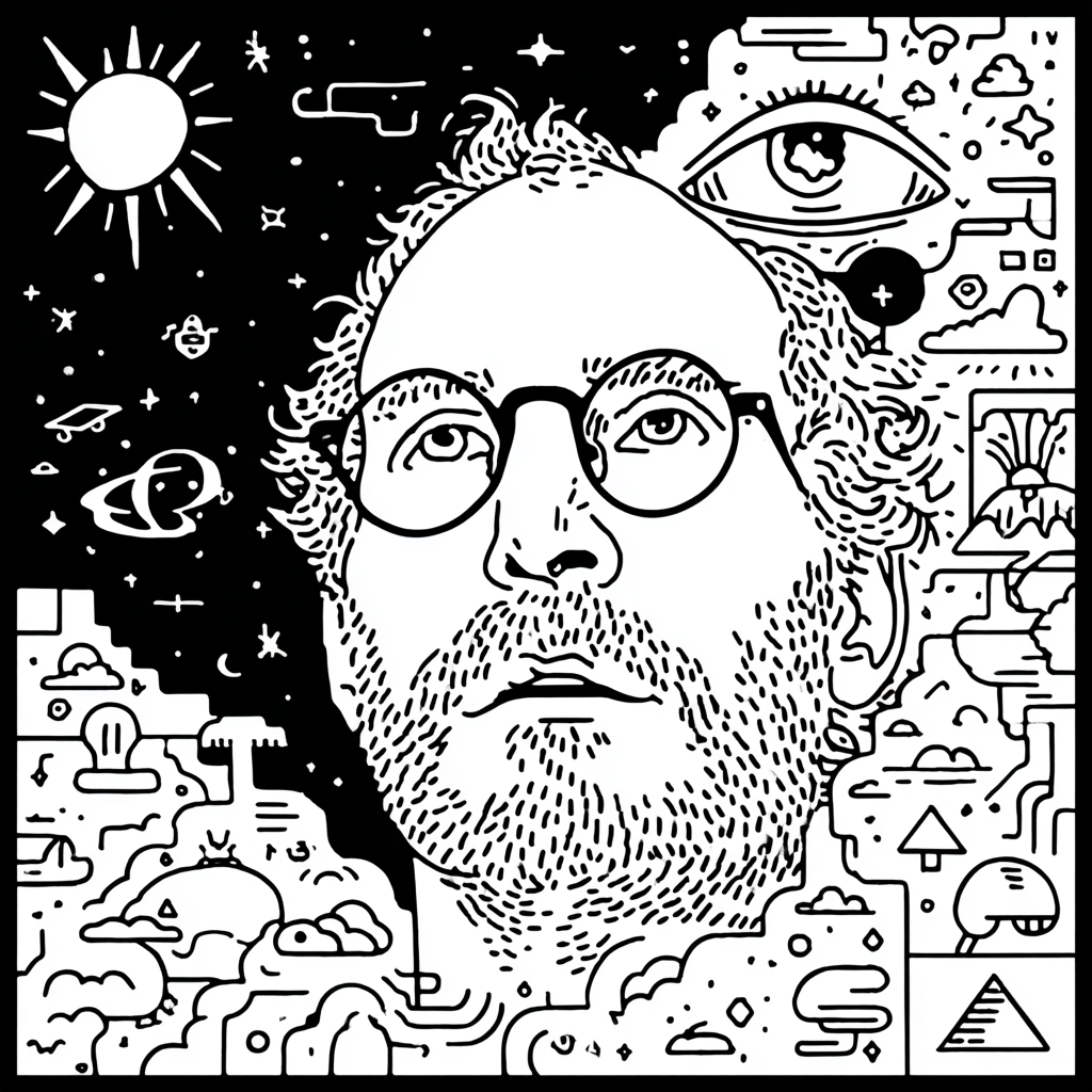 psychedelic portrait of a man's face with cosmic and abstract elements