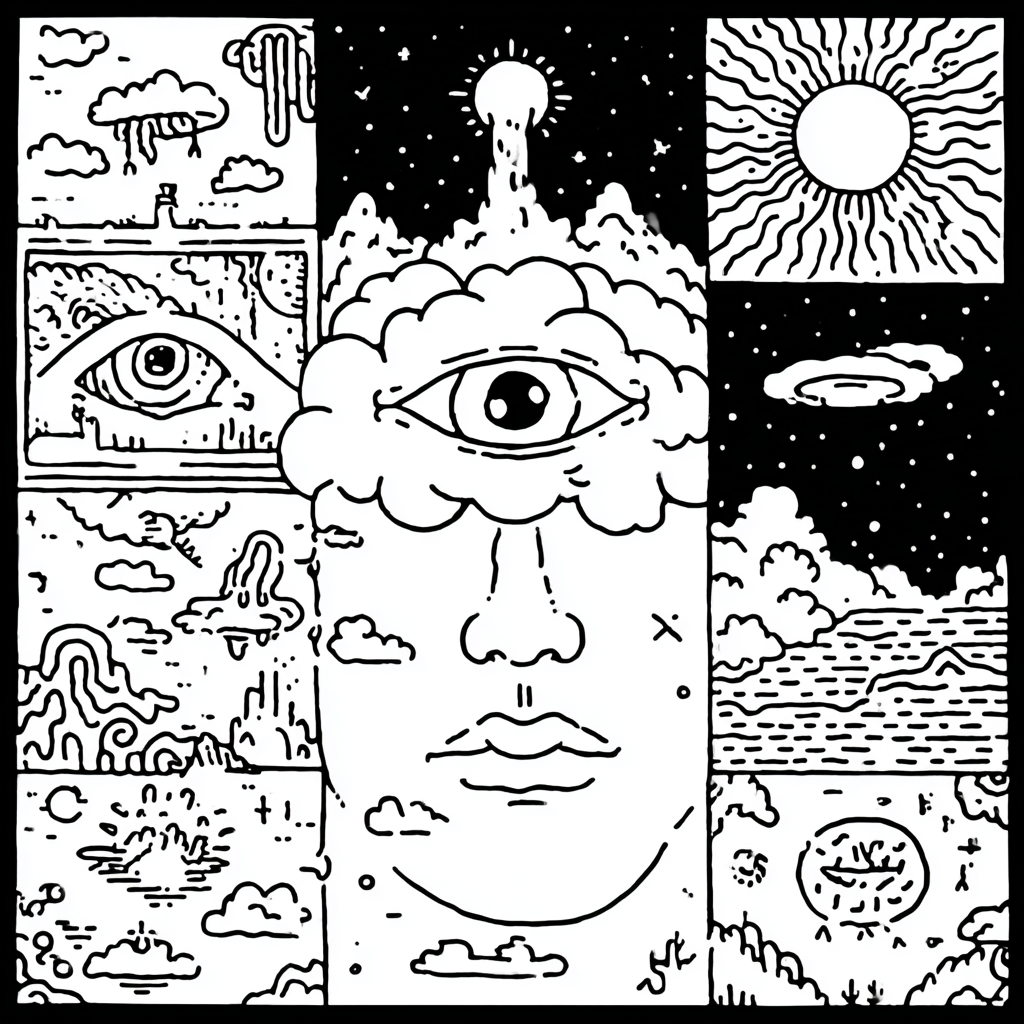 Psychedelic central face with third eye surrounded by surreal scenes