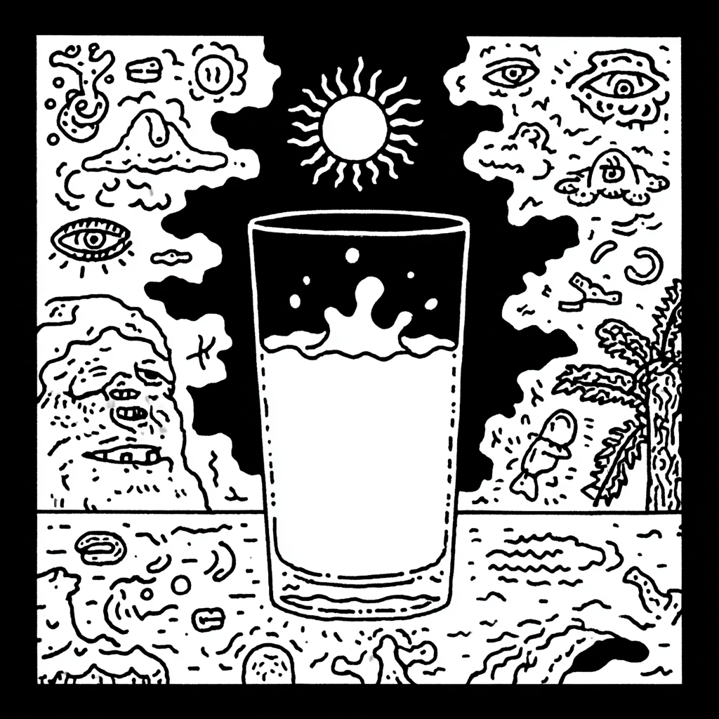 a psychedelic glass of milk with surreal elements