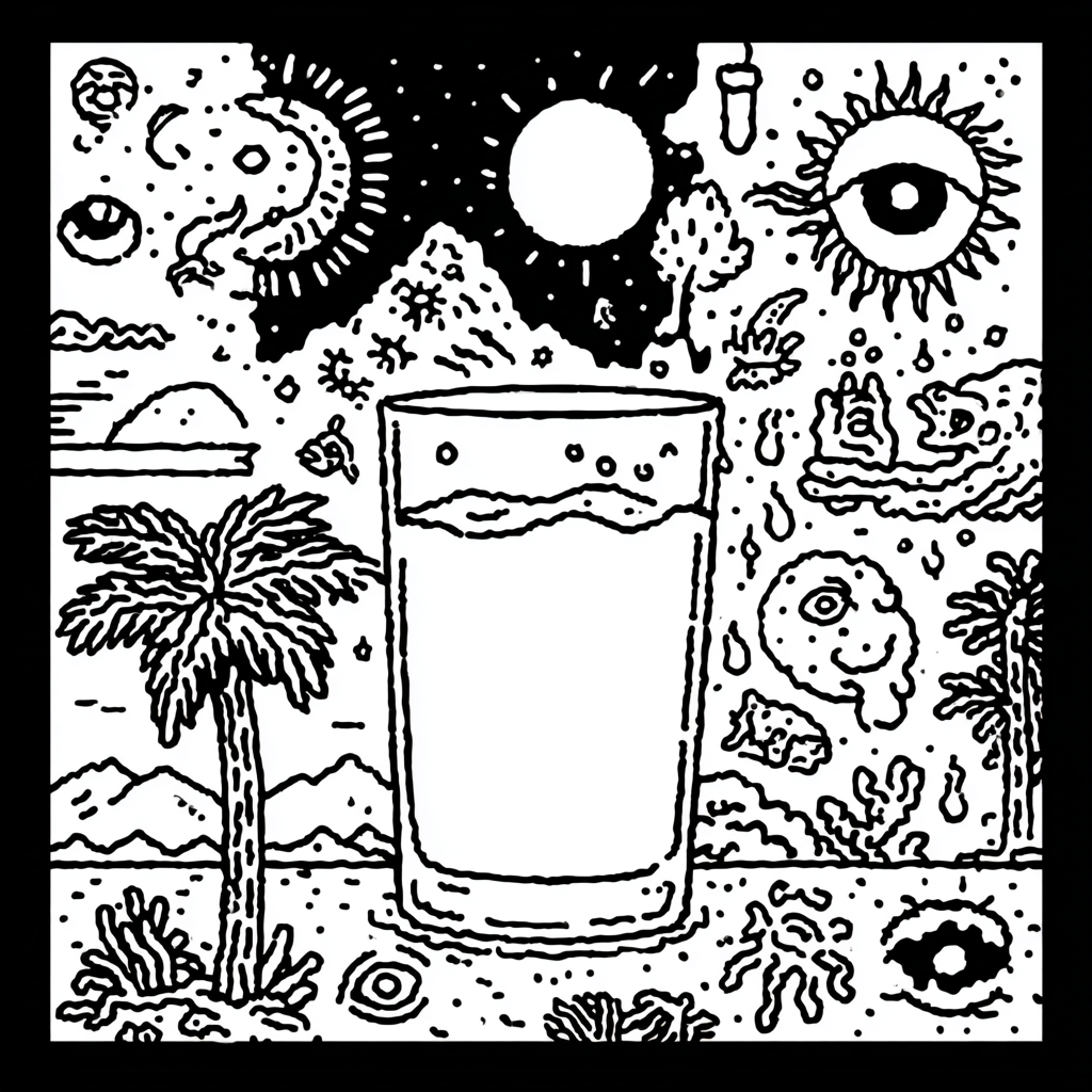 a glass of milk in a surreal psychedelic landscape