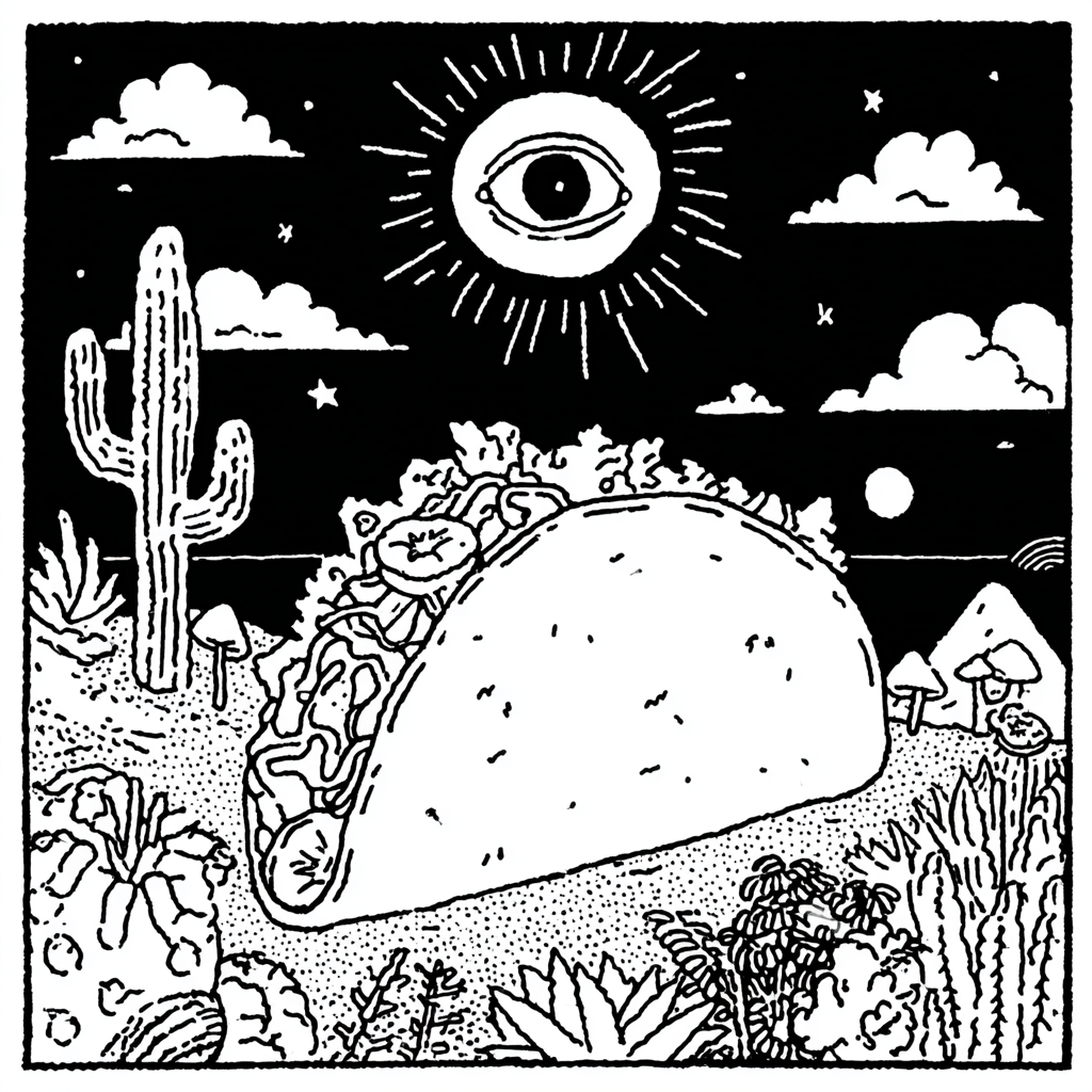 A psychedelic taco with an all-seeing eye in a desert