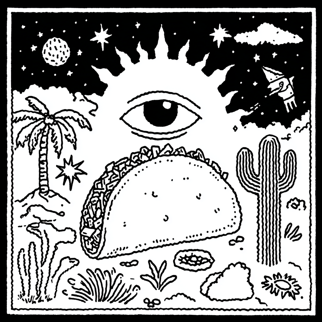 psychedelic taco in desert landscape with cosmic eye