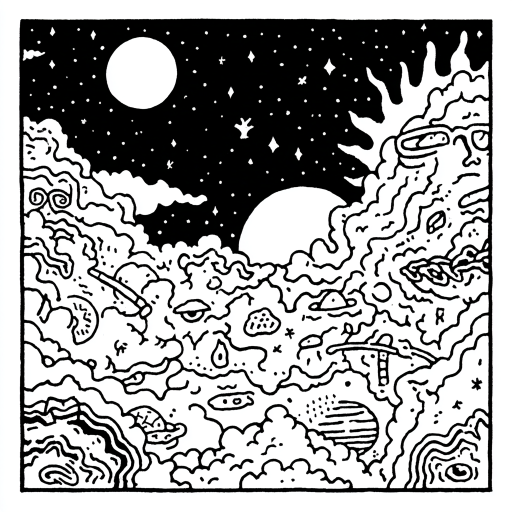 Psychedelic illustration of night sky, face, and surreal objects