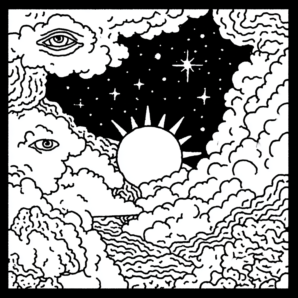 psychedelic celestial scene with sun, clouds, stars, and eyes