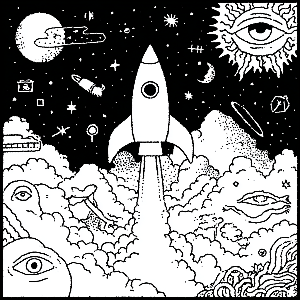 rocket launching into psychedelic space with mystic eyes