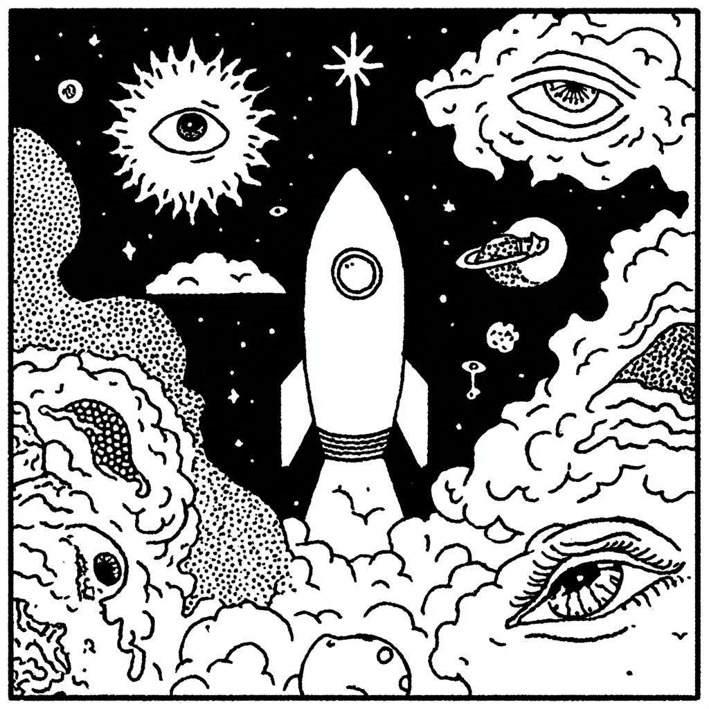 psychedelic rocket launching into mystical space