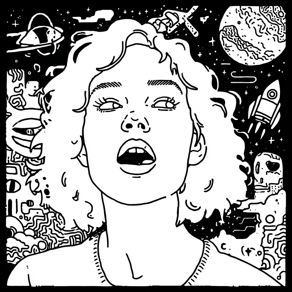 Woman looking up in a psychedelic space scene
