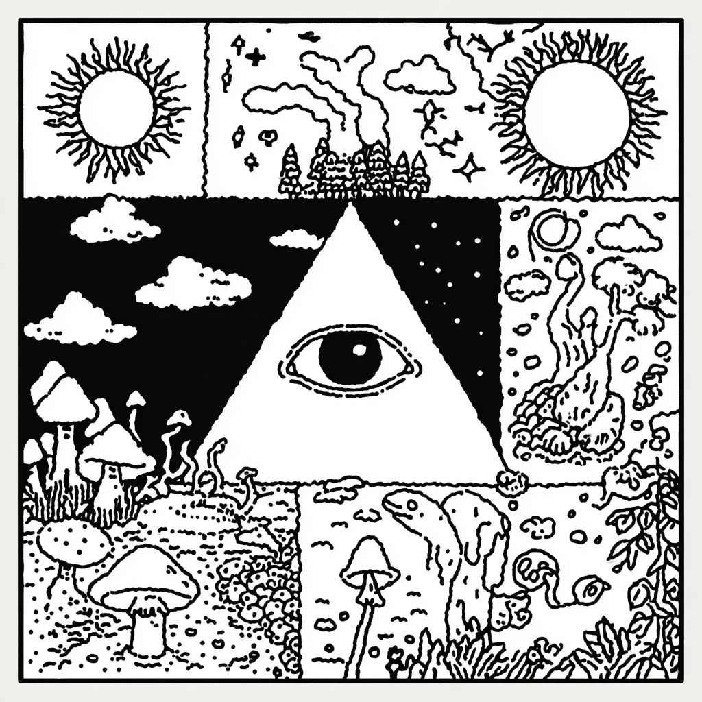 Psychedelic grid with all-seeing eye, suns, mushrooms, and nature scenes