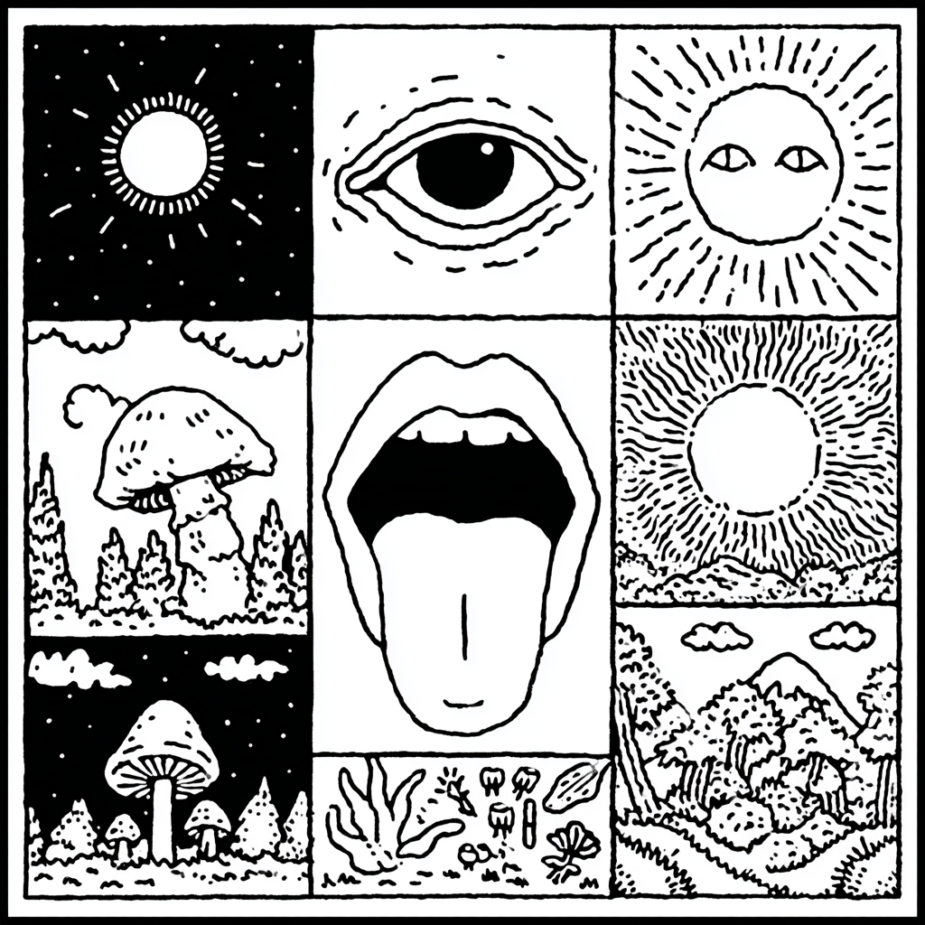 a mosaic of psychedelic elements with a prominent central mouth