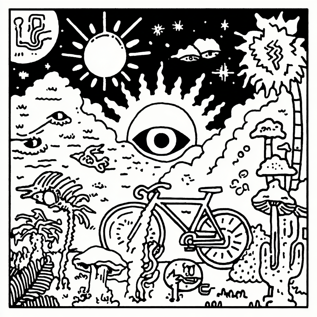 psychedelic landscape with bicycle, sun, moon, and mushrooms