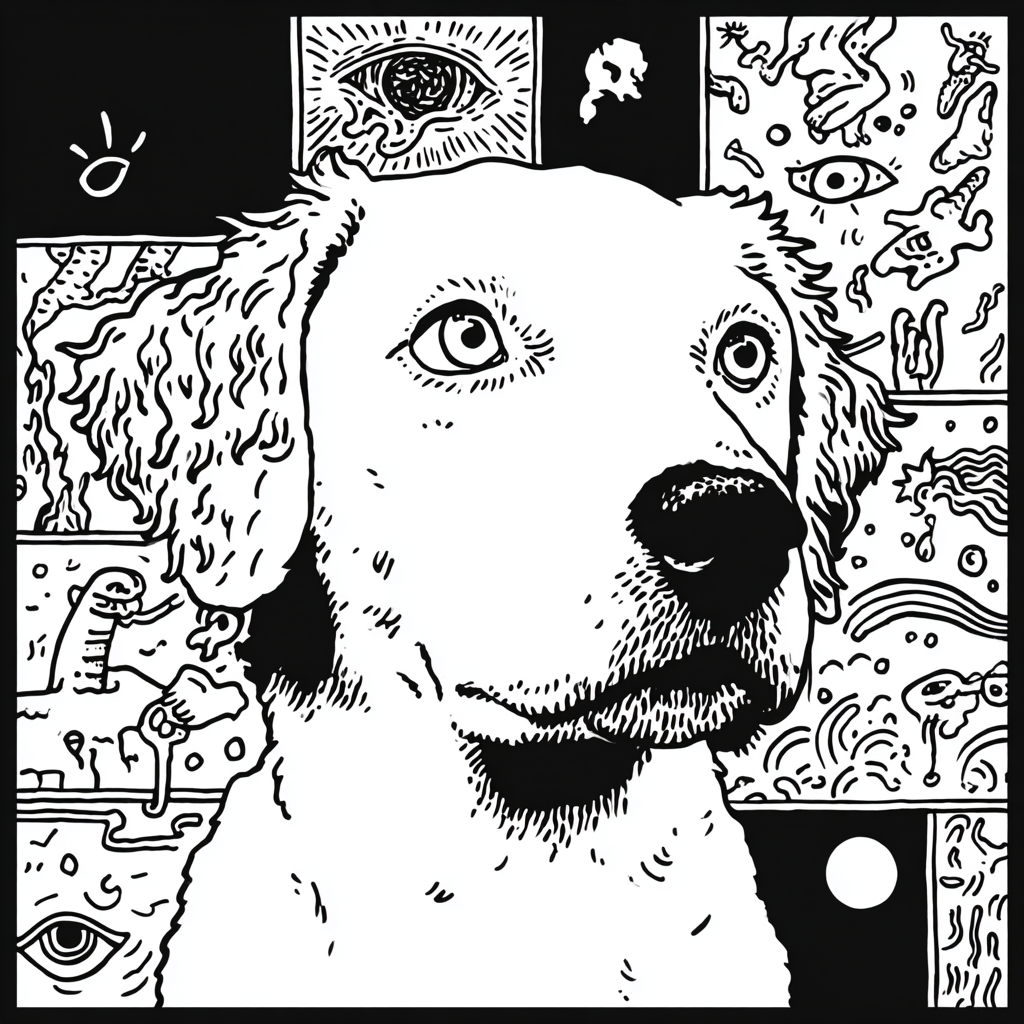 A dog's head surrounded by psychedelic and surreal elements
