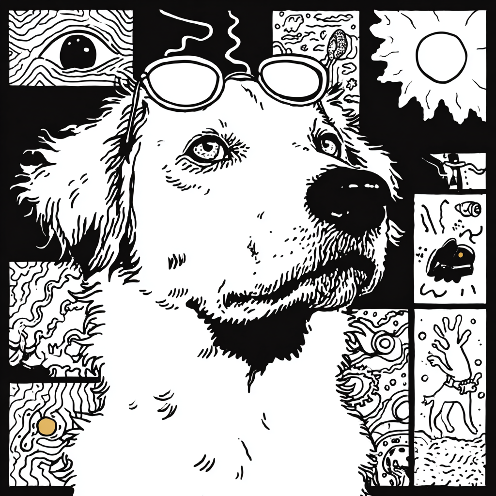 psychedelic hipster dog wearing glasses with abstract elements