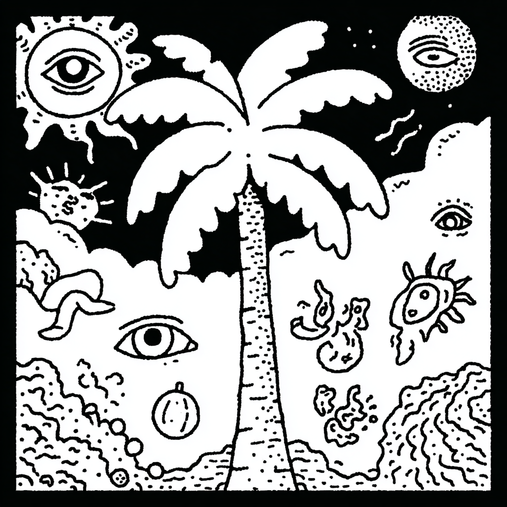 psychedelic palm tree with sun, moon, coconuts and mystical eyes
