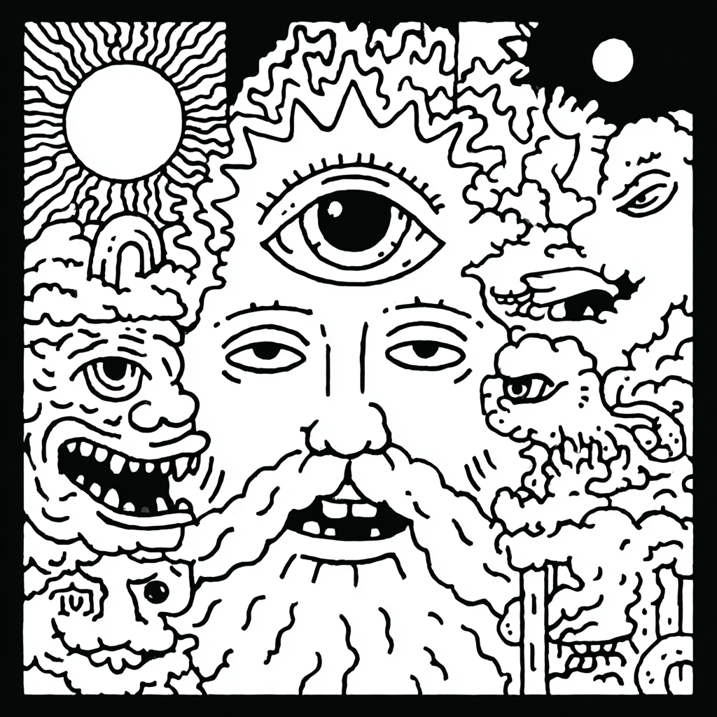 psychedelic beardman with third eye and surrounding bizarre entities
