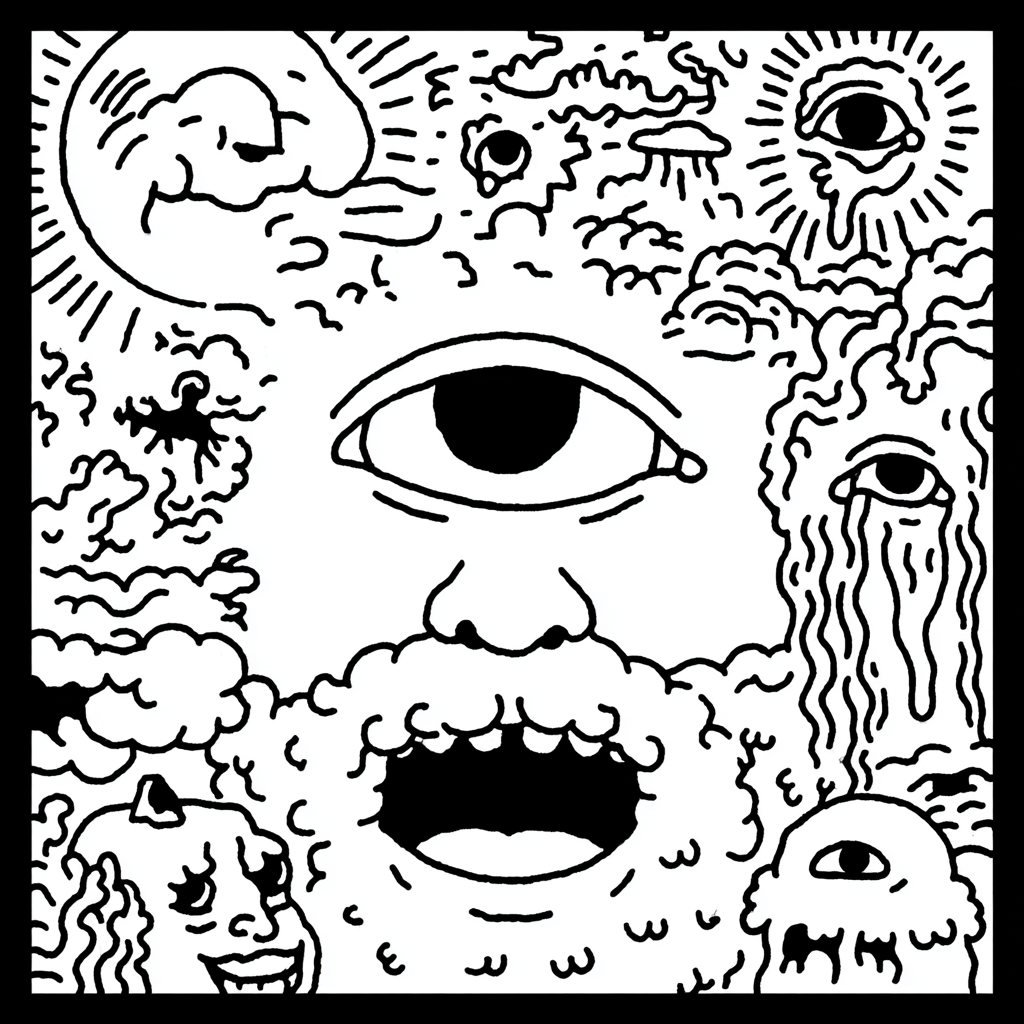 A psychedelic cosmic face with eyes and cloudy beard