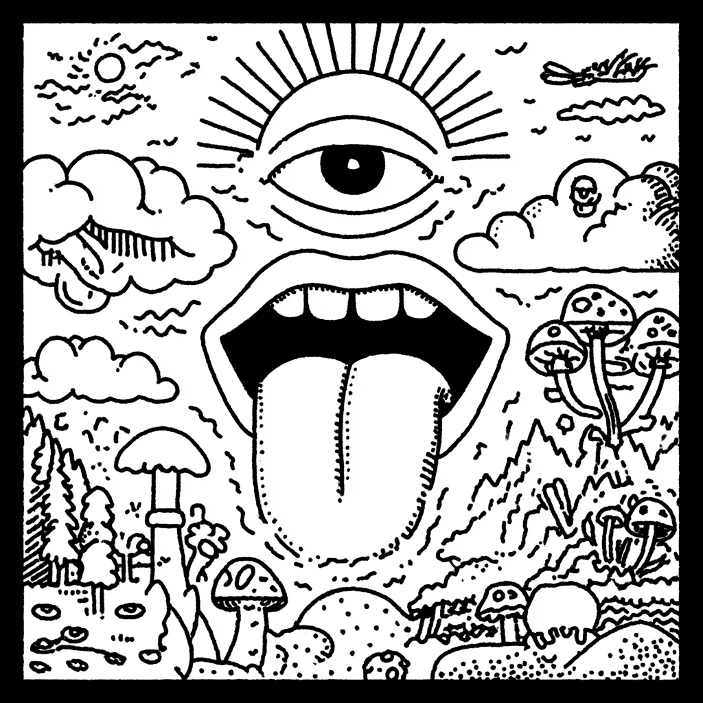 psychedelic eye and tongue in a surreal landscape