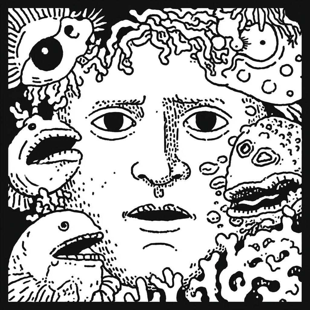 Grotesque human-like face surrounded by abstract sea creatures
