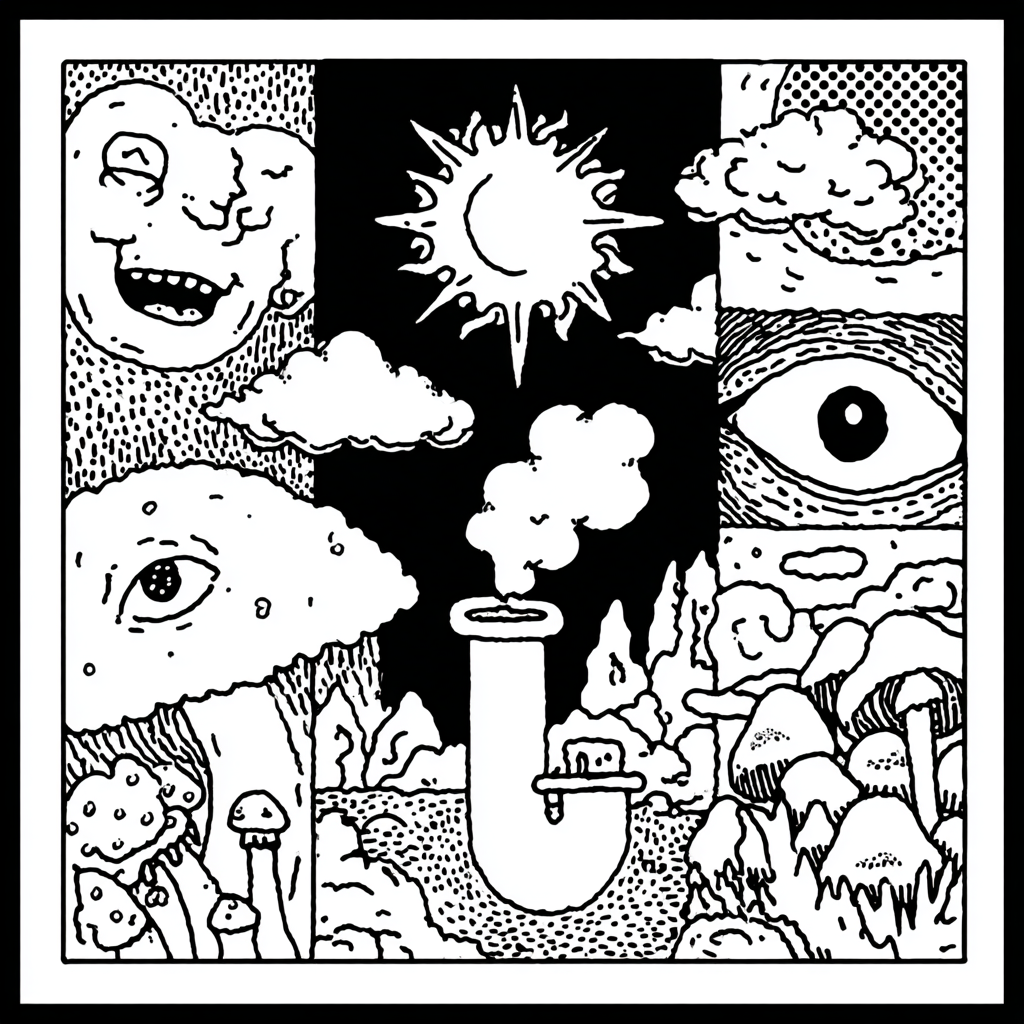 A psychedelic landscape featuring celestial bodies, eyes, and a smoking porron