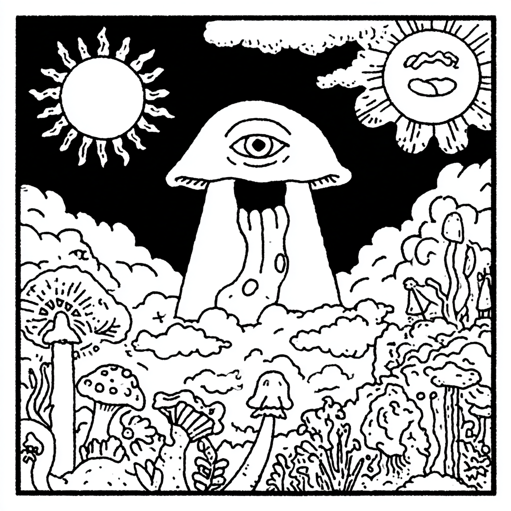 A psychedelic landscape with an eye mushroom and suns