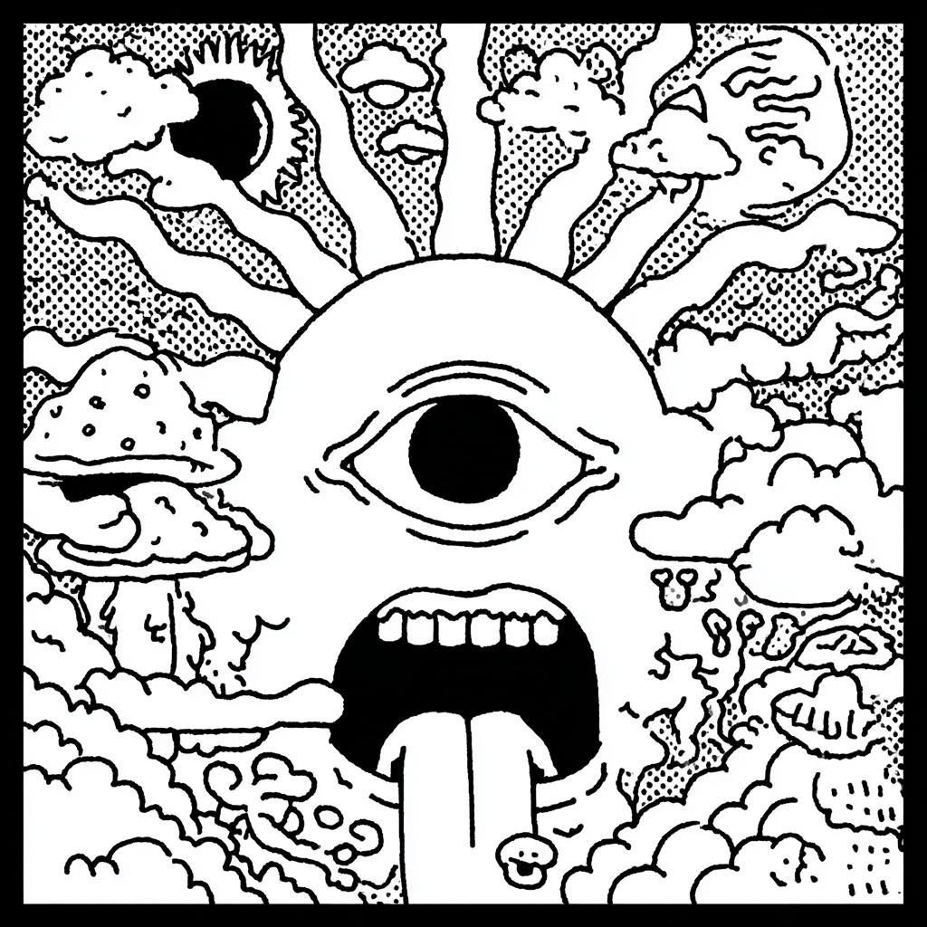 psychedelic sun entity with mushrooms and clouds