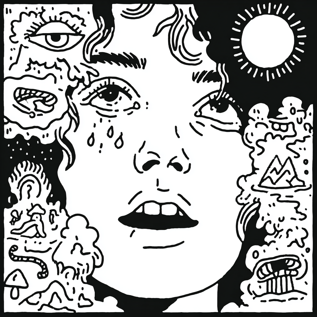psychedelic crying face surrounded by surreal elements