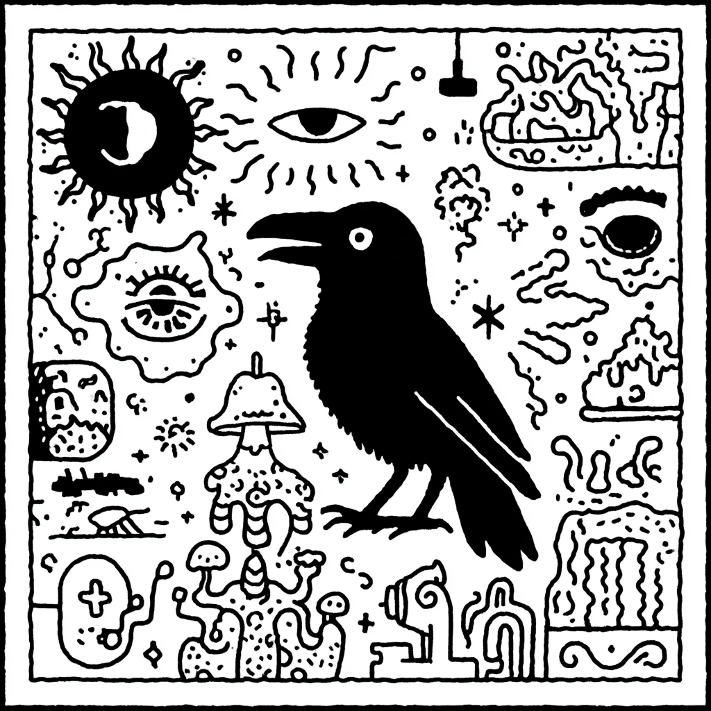 Psychedelic crow with mystical symbols and fungi