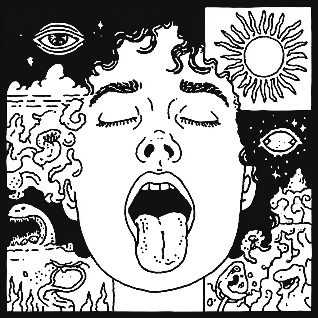 Hand-drawn face with open mouth and psychedelic elements