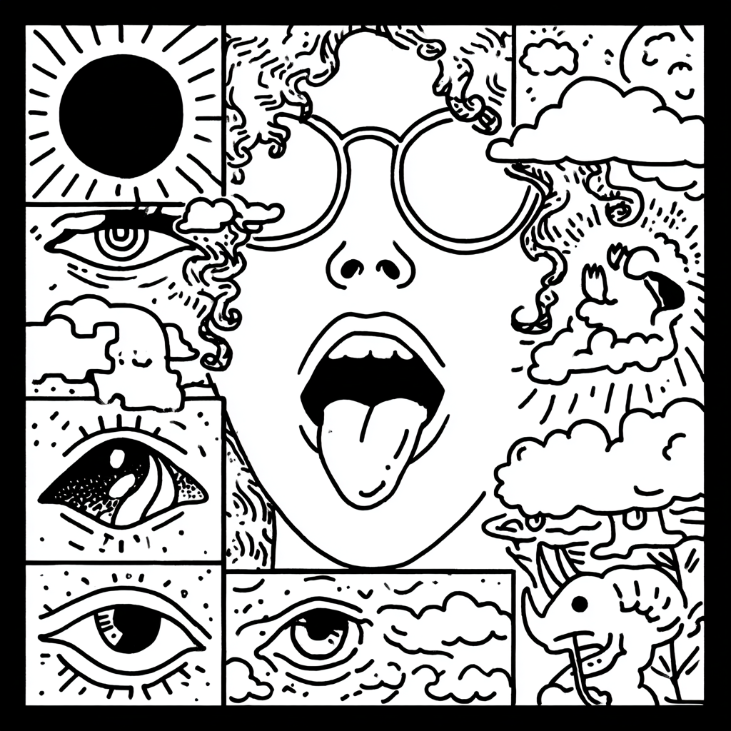 psychedelic girl's head surrounded by surreal symbols