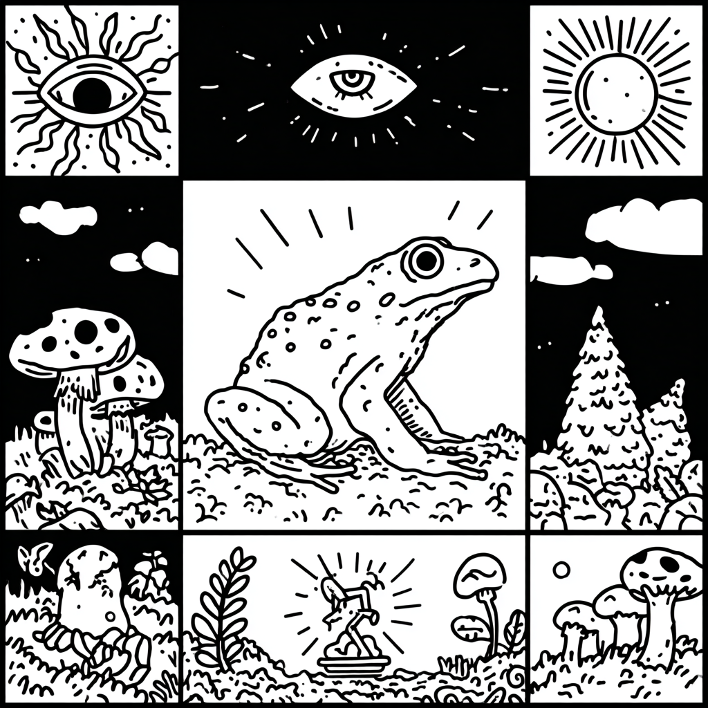 A central psychedelic frog surrounded by mystical and natural symbols