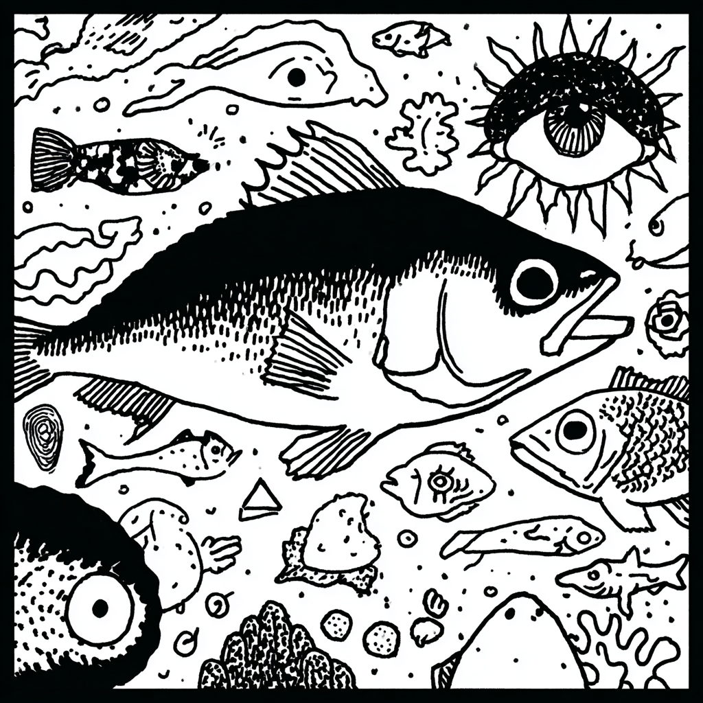 Psychedelic black and white drawing of multiple fish and eyeballs