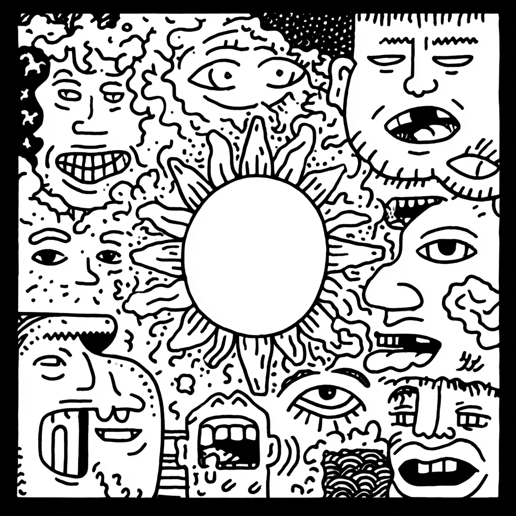 psychedelic sun surrounded by expressive, fragmented faces